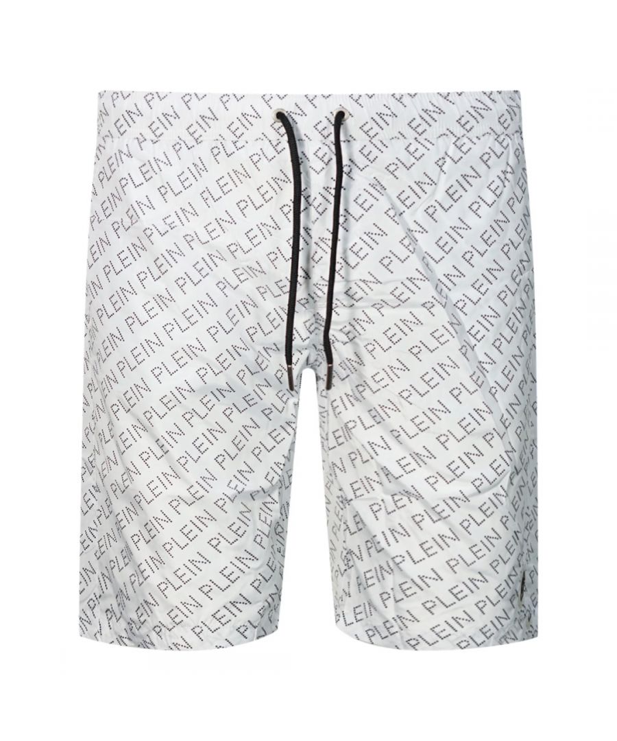 Philipp Plein Mens Repetitive Logo Long White Swim Shorts - Size Medium