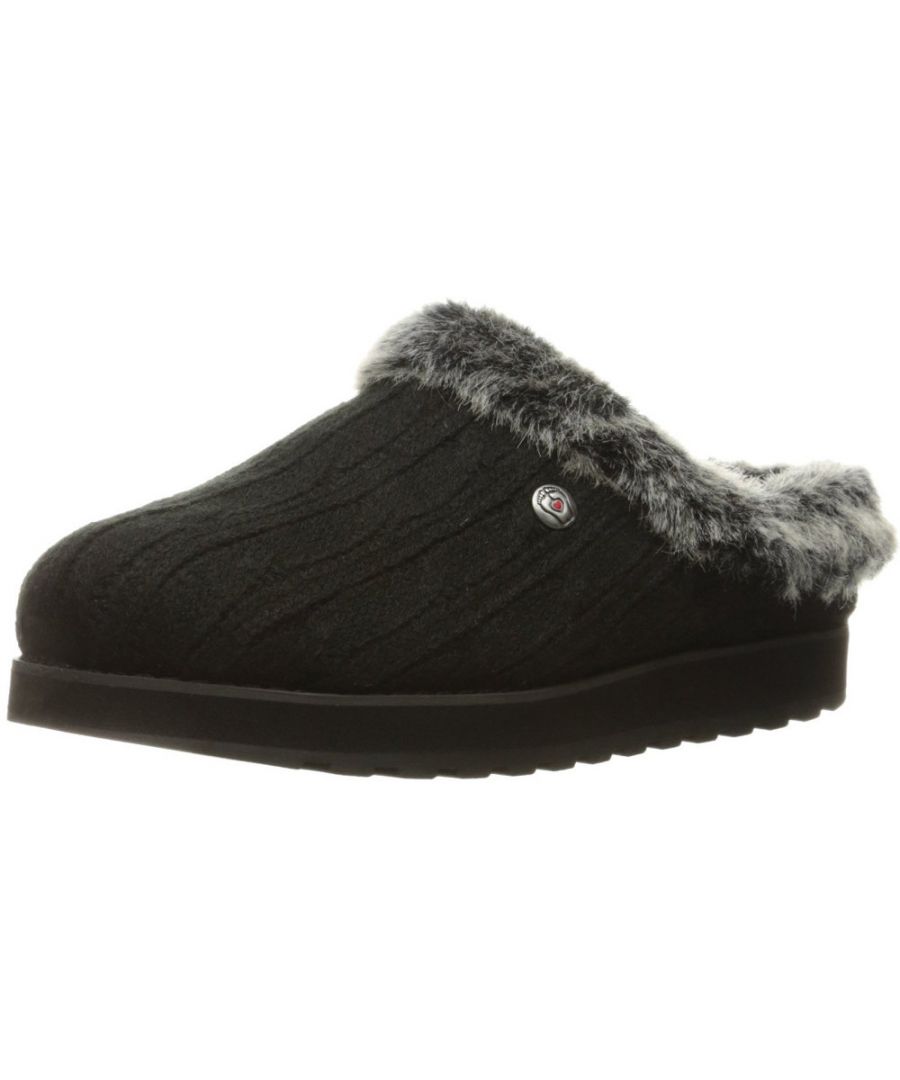 Stay cozy and comfortable in classic style with the SKECHERS Bobs Keepsakes - Ice Storm shoe. Soft sweater knit fabric upper in a slip on casual comfort clog slipper with faux fur lining and Plush Foam footbed.