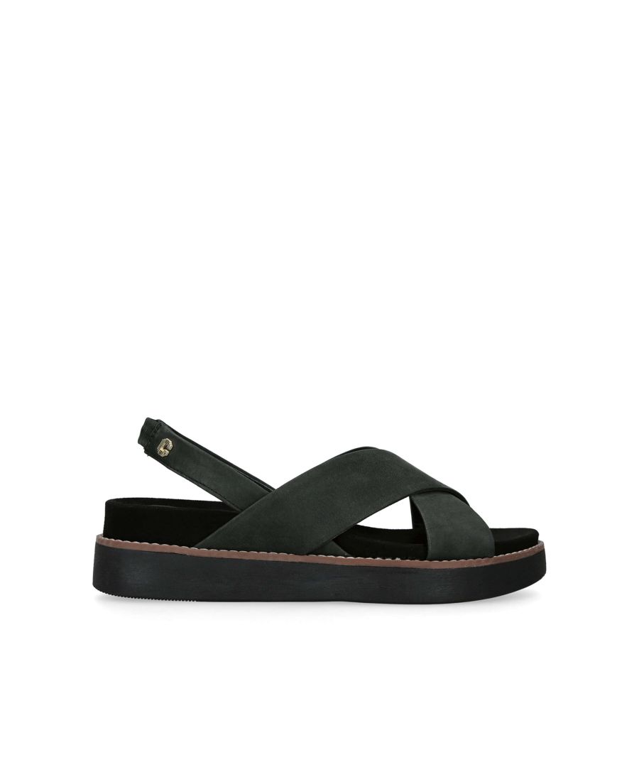 The Reign from Carvela is a black sandal with wide crossed straps in a soft leather. The ankle strap is elasticated with gold tone Icon C stud at the back.
