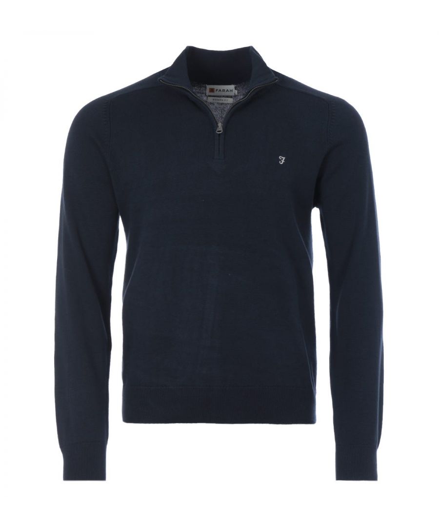 The versatility and transcending style of Farah has been a staple throughout the decades. Starting from humble beginnings, the signature \'F\' logo has been seen worn by equally iconic musicians, artists, and fashion figures. A wearable symbol of culture and diversity, a casual yet quintessential look.Knitted from pure cotton, this quarter zip sweater is a classic knitwear piece for any man\'s wardrobe. Featuring a ribbed high neck collar with a quarter zip fastening and ribbed trims. Finished with the signature Farah logo embroidered on the chest.Modern Fit, Pure Cotton Knit, Ribbed High Neck Collar, Quarter Zip Fastening, Ribbed Cuffs & Hem, Farah Branding. Style & Fit:Modern Fit, Fits True to Size. Composition & Care:100% Cotton, Machine Wash.
