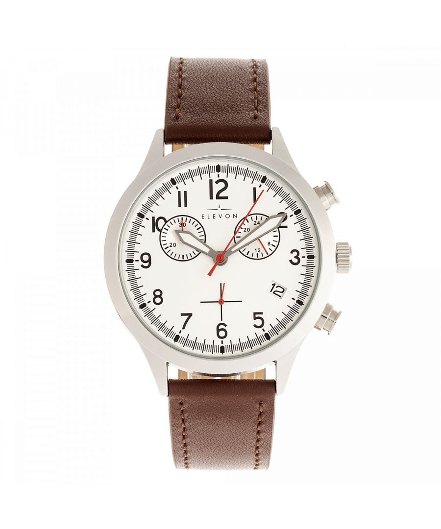 Alloy Case; Japanese Quartz Movement; Full-Function Chronograph; Non-Glare Scratch-Resistant Mineral Crystal; Logo-Engraved Stainless Steel Caseback; Genuine Leather Strap; Logo-Engraved Stainless Steel Clasp; Luminous Hands; 24-Hour Sub-Dial; Date Display; 44mm Case Diameter; 5ATM Water Resistance;