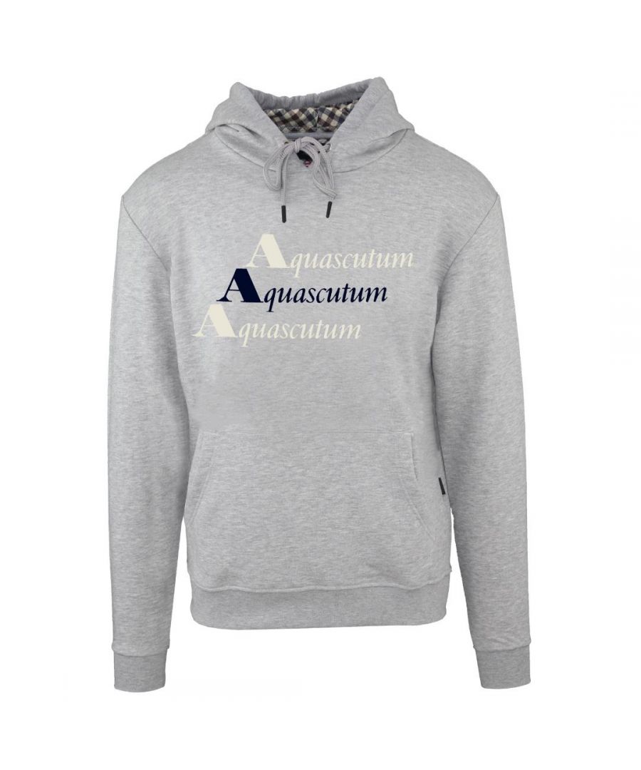 Aquascutum Triple Logo Grey Hoodie. Elasticated Sleeve Ends and Waist, Drawstring Hood. 100% Cotton Sweatshirt, Large Kangaroo Pocket. Regular Fit, Fits True To Size. Style Code: FCIA13 94.