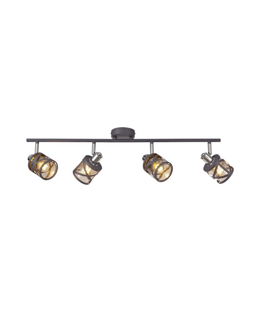 Finish: Matt Grey, Polished Chrome | Shade Finish: Cognac | IP Rating: IP20 | Height (cm): 15 | Length (cm): 74 | Width (cm): 15 | Projection (cm): 16.5 | No. of Lights: 4 | Lamp Type: E14 | Dimmable: Yes - Dimmable Lamps Required | Wattage (max): 40W