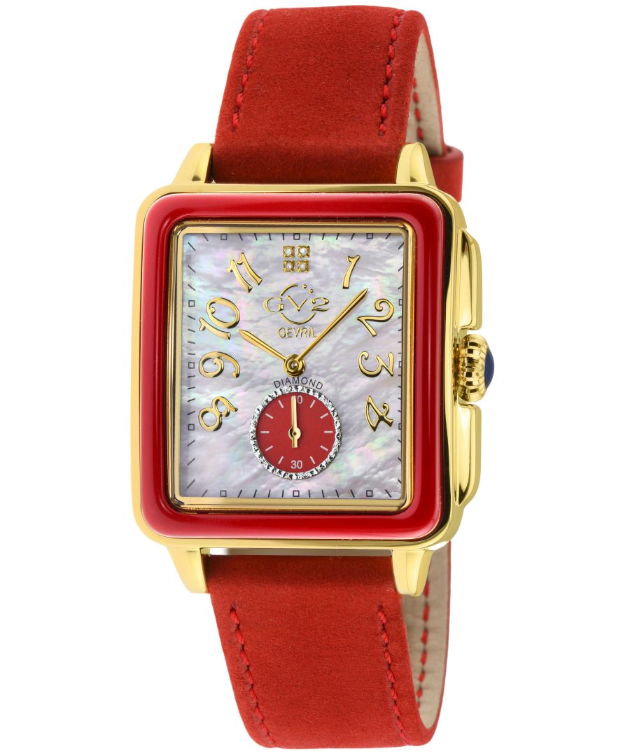 GV2 9261 Bari Enamel Swiss Quartz Diamond Watch\nGV2 Women's Swiss Watch from the Bari Collection\n37 mm Square 316L Stainless Steel IPYG Case, Red Enamel Bezel\nWhite MOP Dial, 4 Diamonds at 12:00, Red Diamond Cut ring at 6:00\nPush Pull Fluted crown with Blue cabochon Stone\nGenuine Italian Red Suede Leather Strap with Tang Buckle\nAnti-reflective Sapphire Crystal\nWater Resistant to 50 Meters/5ATM\nSwiss Quartz Movement Ronda 1069