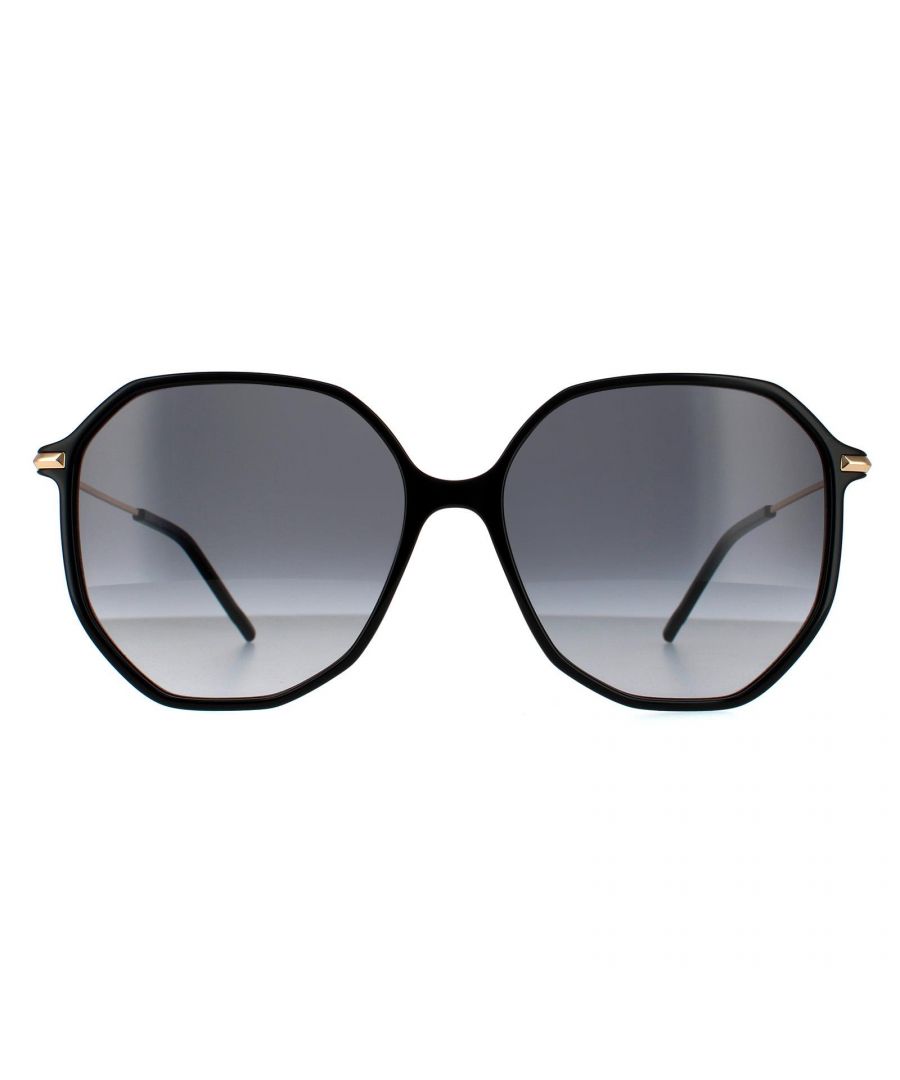 Hugo Boss Round Womens Black Gold Dark Grey Gradient 90041091 Hugo Boss are a round shaped frame crafted from lightweight acetate. The rubber nose pads and plastic temple tips ensure all day comfort. Hugo Boss's logo features on the ultra slim temples for brand recognition.
