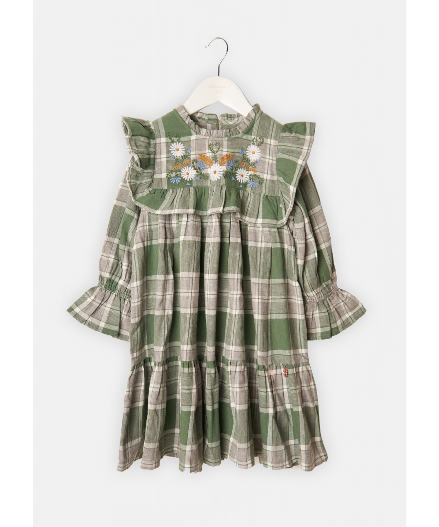 Your new go-to dress! A pretty tiered design in super soft   green check with an intricately embroidered yolk. This beautiful smart/casual dress will have you twirling into the new season in style!. Green. About me: 100% Cotton. Look after me: Think planet. wash at 30c.