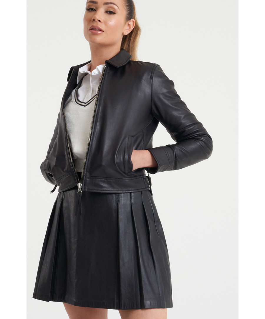 This transitional leather jacket is sure to become your new favourite. Perfect for all seasons, the Barneys Originals leather cropped harrington goes with just about any outfit. This black leather jacket is cropped to the waist and features silver hardware.