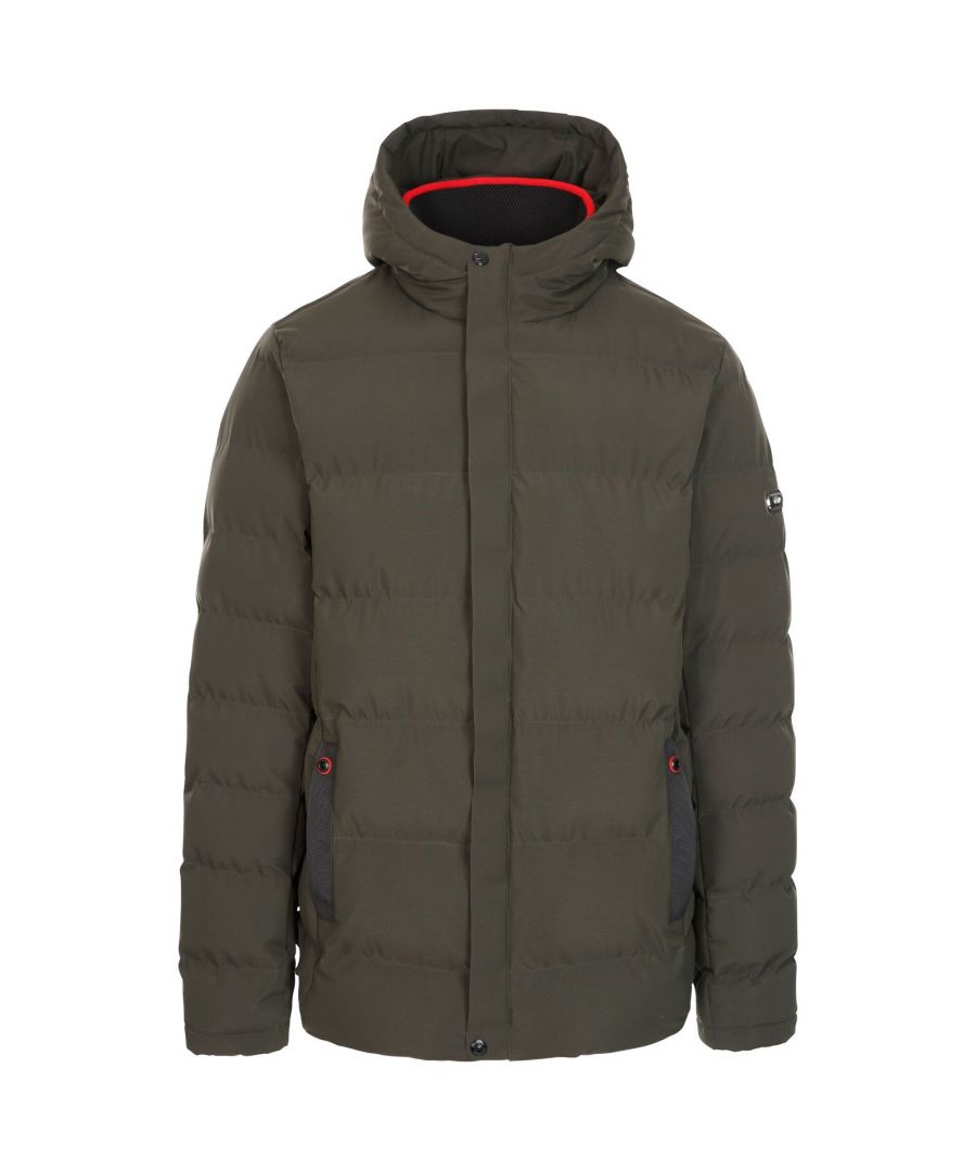 Shell: Polyester TPU Membrane. Filling: Polyester. Lining: Polyester. Design: Quilted. Fit: Regular. Contrasting Inner Collar, Knitted Collar, Padded. Fabric Technology: Waterproof, Windproof, Woven. Neckline: Hooded. Sleeve-Type: Long-Sleeved. Hood Features: Grown On Hood. Pockets: 2 Zip Pockets. Fastening: Concealed Zip. Waterproof Rating: 3000mm.