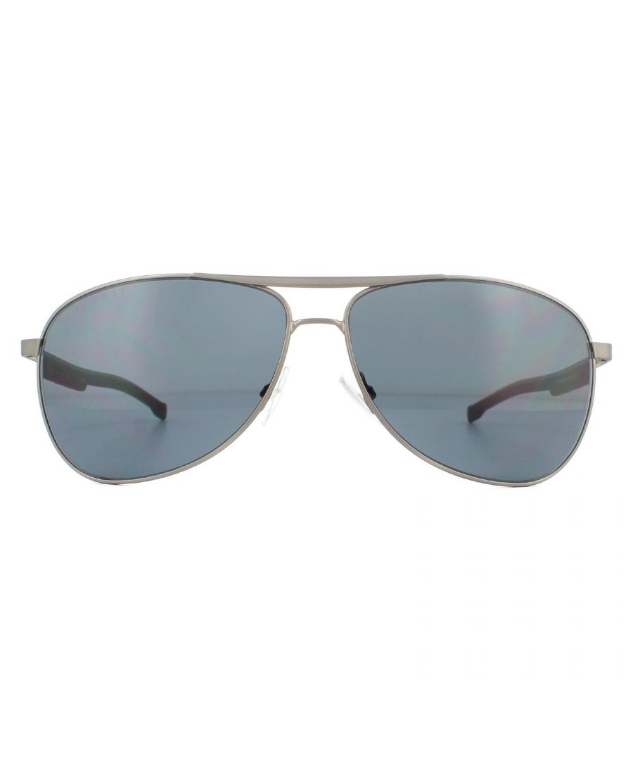 Hugo Boss Sunglasses BOSS 1199/N/S SVK/IR Semi Matte Ruthenium Black Grey are a classic aviator design with a lightweight metal frame and teardrop shaped lenses. Slender temples have a patterned plastic section, and the metal half features the Hugo Boss logo engraving.