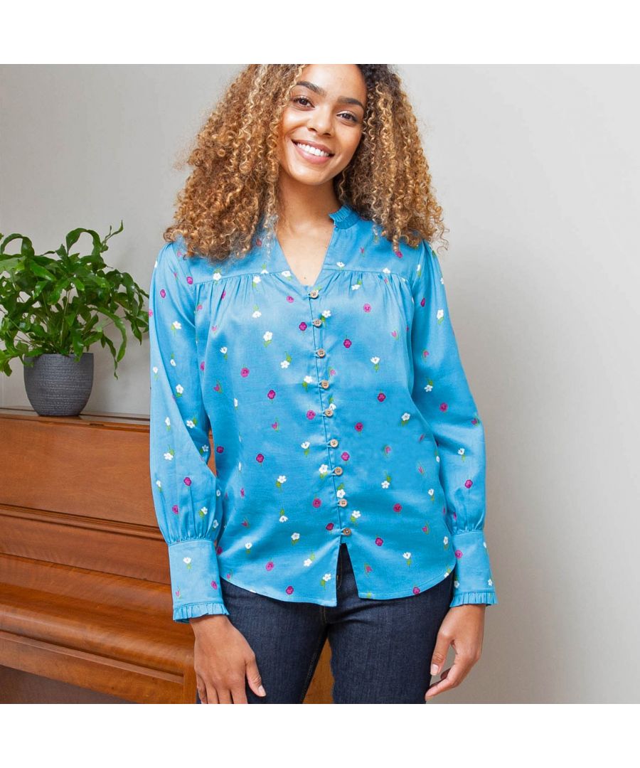 Kite Clothing Womens Sherborne Shirt Little Flora - Blue Cotton - Size 14 UK