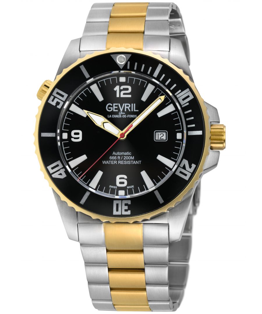 Gevril 46602B Men's Canal Street Bold Swiss Automatic Watch\n\nGevril Men's Swiss Automatic Men's watch from the Canal St Collection\n46mm Round Solid Steel Case, Black Bezel, Black Dial\nRotating Bezel, Helium Valve\nDate Display at 3 O'clock, BGW9 Luminous Numbers and Indices\n\nExhibition Case back. Screw down Crown\nTwo-toned Sold Steel IPYG Bracelet with Deployment Buckle, Diver Suit Extension\nFront and Back Crystals -Anti-reflective Sapphire\nWater Resistant to 200 Meters/20 ATM\nSwiss Made Automatic, Sellita SW200 Movement