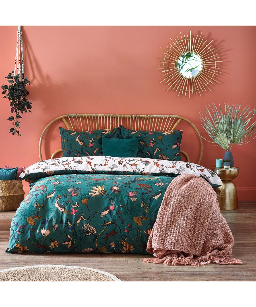 Add some wildlings to your bedroom with this duvet set featuring a lively print of monkeys swinging from vines, exotic birds, and cheetahs in tropical foliage. The exotic print covers the reverse against a neutral base so you can switch the look when you need to.