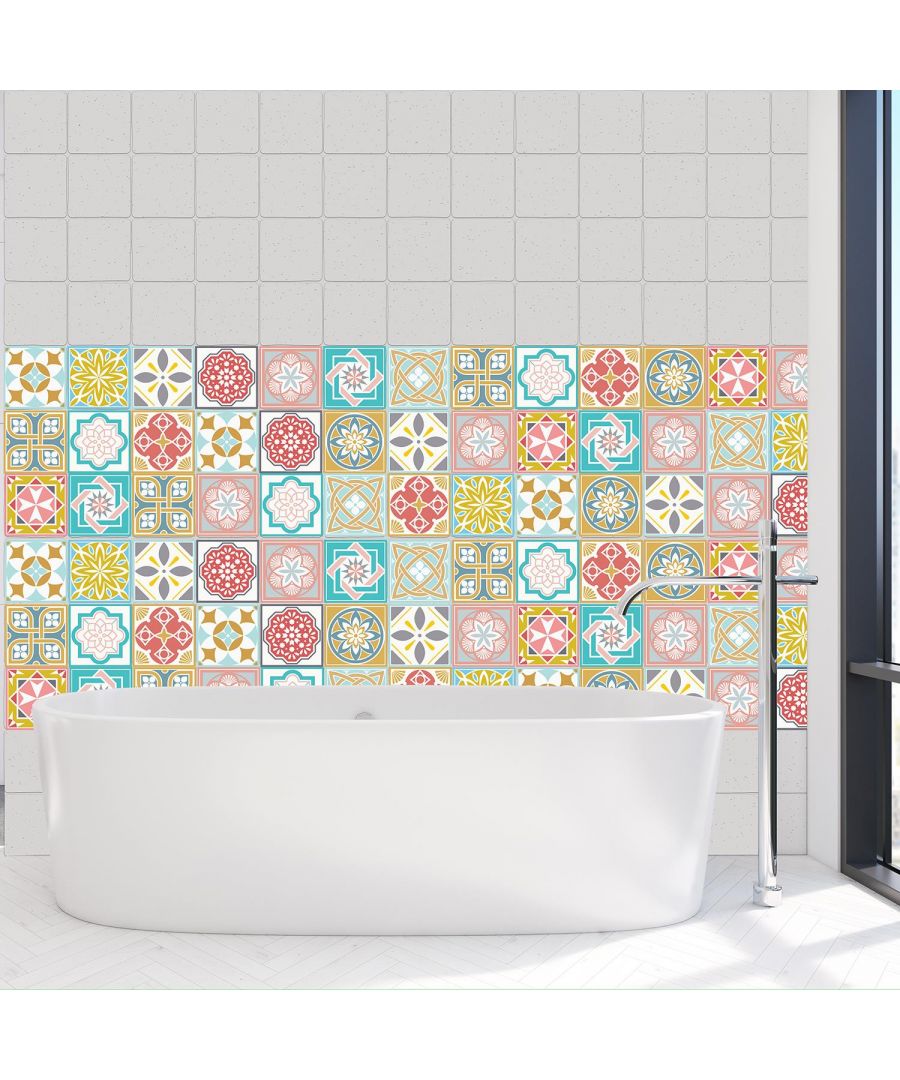 - Elegant pattern with artistic selection of colours. You can be stylish without loosing colour of the life. \n- These tile stickers will give your space a whole new look, with only a few minutes of actual application! \n- To apply, all you need to do is peel and stick onto any clean, flat surface. \n- Don't spend thousands on a remodel; these beautiful stickers are all you need to give your home an upgrade!\n- Package Contains: 24 pieces of stickers 10 x 10 cm, Coverage area: 0.24m2