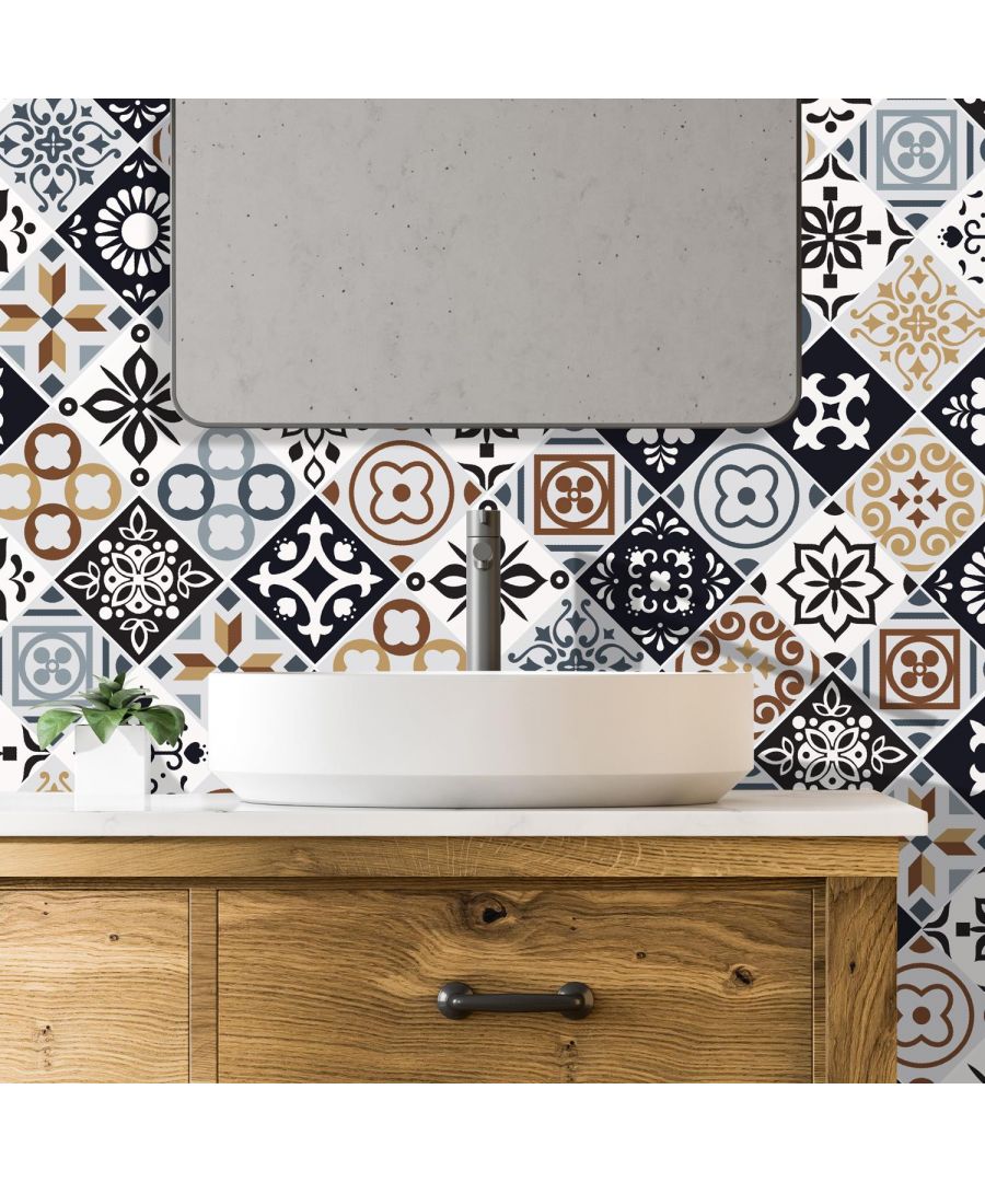 Image for Marjorelle Black and White Moroccan / Azulejo Tiles Wall Stickers - 15 cm x 15 cm - 48 pcs. Tile Stickers, Kitchen And Bathroom, Peel And Stick Tiles