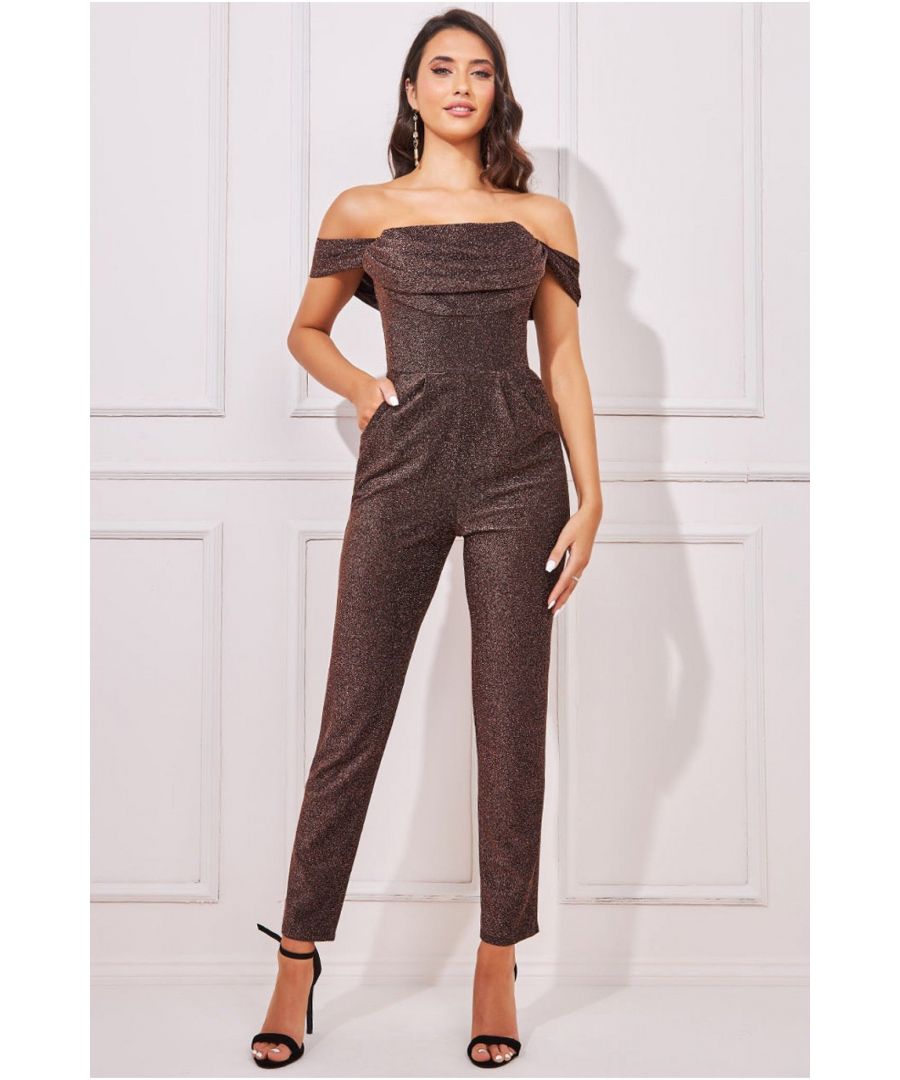 Goddiva Womens Lurex Cowl Neck Jumpsuit - Bronze - Size 12 UK