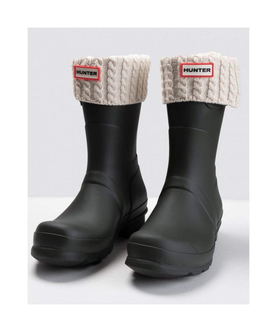 Size/Fit Summary: Sizes run slightly large – we recommend the following sizing for wearing with your Original Tall Hunter Boots. Size M = UK Women's Size 3-6. Size L = UK Women's Size 7-9, UK Men's Size 6-8. Size XL = UK Men's Size 9-11.\nDesigned to slip inside our Tall Wellington Boots, the black Recycled Knitted Socks are made from 100% sustainable recycled polyester fleece for insulation. Now with a new improved fit, these socks are finished with a recycled poly-yarn cuff that will fold over the top of our rain boots.\n\nCertified vegan\n100% Recycled polyester fleece leg for warmth\n100% Recycled poly-yarn knitted fold down cuff\nDesigned to fit the Tall Wellington boot\nPVC logo branding\nUpdated improved fit for added comfort\n\nProduct code: UAS3300RPY