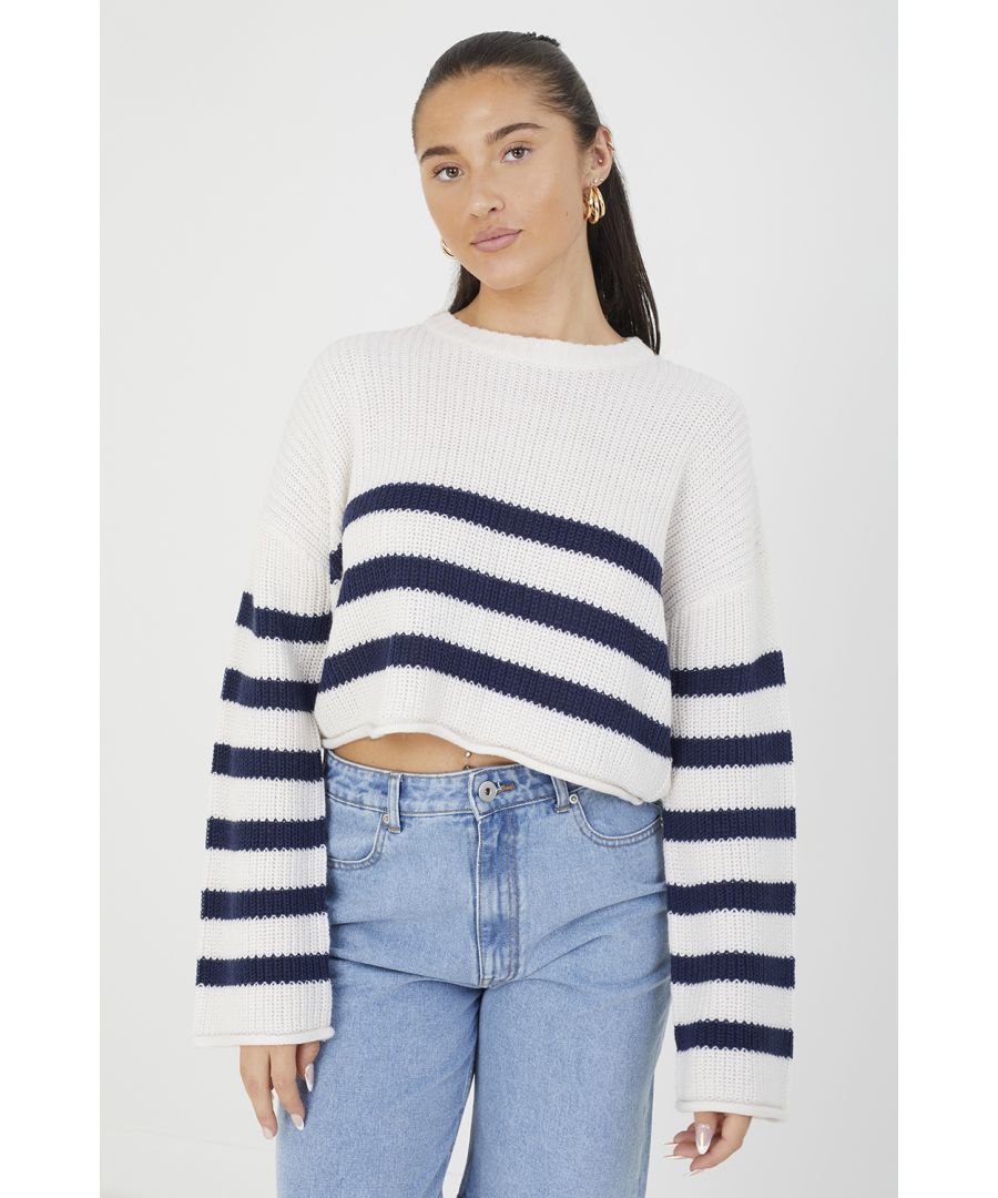 Brave Soul Womens White 'Randel' Striped Cropped Knitted Jumper - Size Small