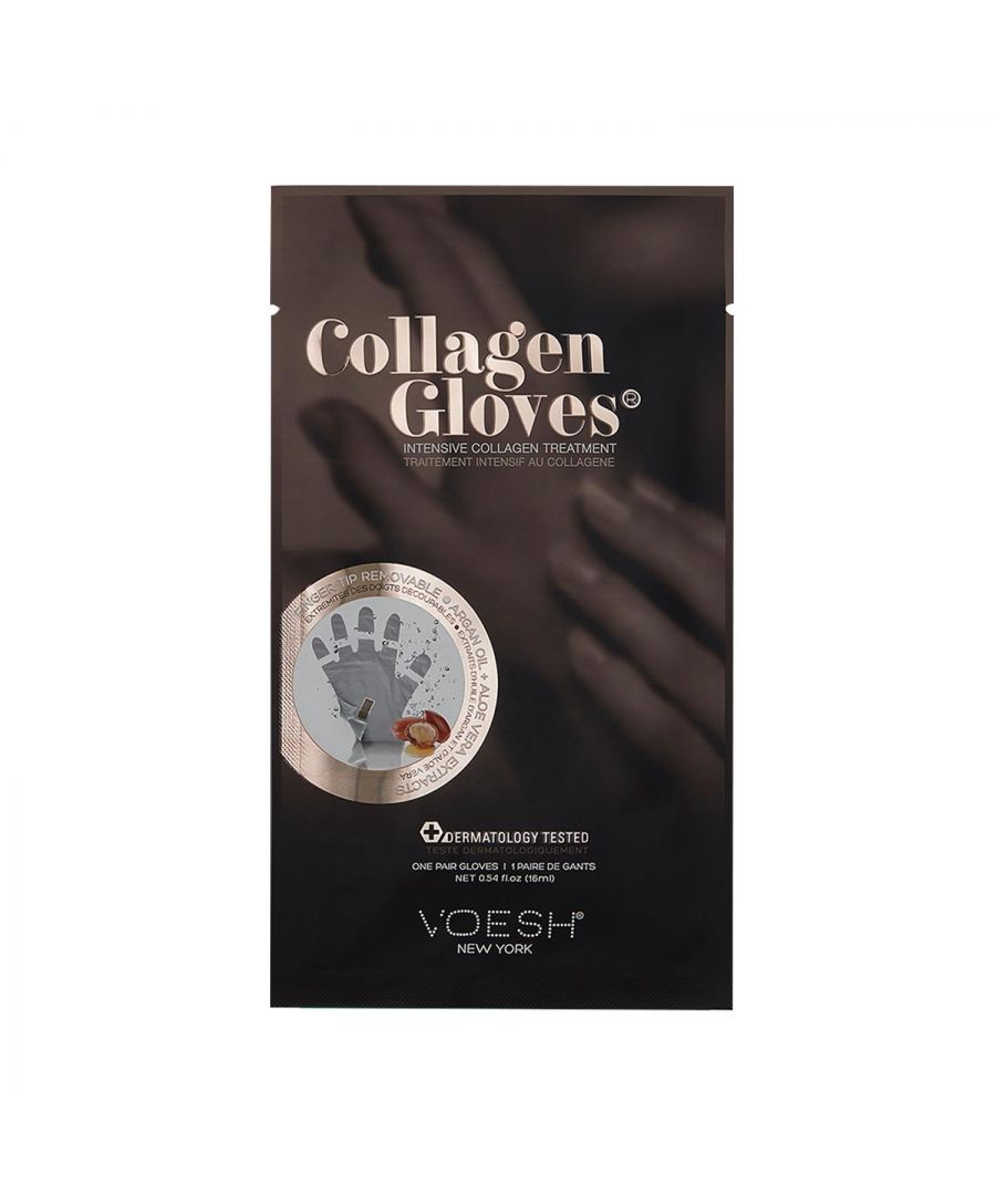 Voesh New York Collagen Gloves with Argan Oil & AloeVera Extracts 16ml.  VOESH UV protective Collagen Gloves brings innovation to manicure treatment. Each Mask is preloaded with argan oil and collagen-rich emulsion to penetrate and moisturize the skin. When ready to have your manicure, simply remove the tips of each finger along the perforated pre-cut lines.\n\nKey Features: \nMade with a micro-thin dual layered material. Protects up to 98.9% of UV rays.\nSave time by moisturizing your hand while getting a manicure.\nPatent Pending\nEnriched with Collagen & Argan Oil\n\nYOU DO NOT NEED:\nSoaking Water\nCuticle Softener\nCuticle Oil\nMassage Lotion\nUV Gloves\nParaffin Wax