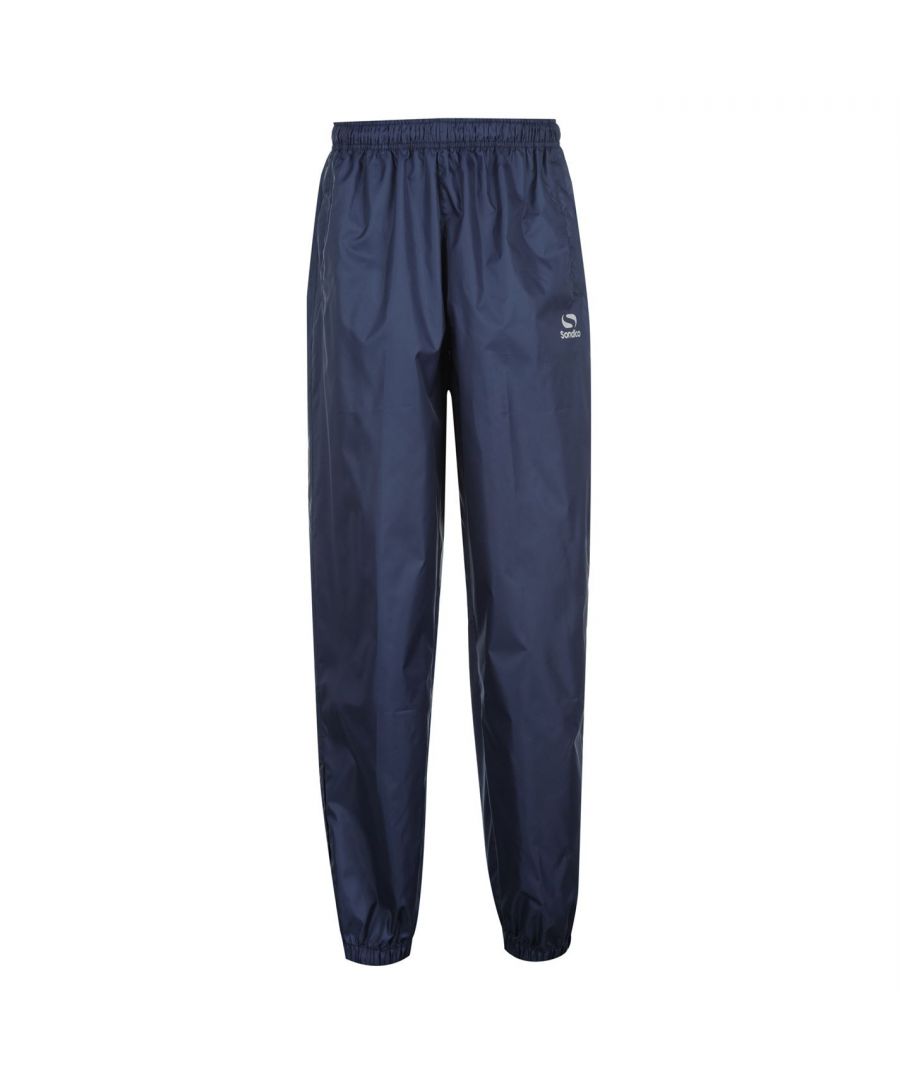 Sondico Rain Pant Mens The Sondico Rain Pant Mens are perfect for outdoor sports and activities to help keep you dry and protected from the rain. These mens trousers have an elasticated waistband with a drawstring for added security complete cuffed ankles and two zipped pockets to keep your essentials secure. > Mens trousers > Shower proof / water resistant > Elasticated waistband > Zipped pockets > Cuffed ankles > Sondico logo > 100% polyester > Machine washable