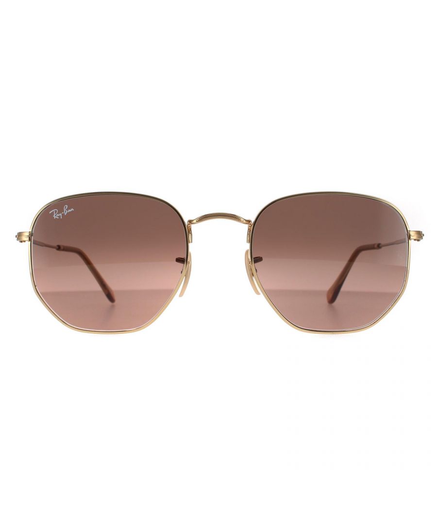 Ray-Ban Square Unisex Arista Gold Brown Grey Gradient Sunglasses Hexagonal RB3548N are a very unique hexagonal shaped frame and feature the latest flat crystal lenses for a updated version of the classic metal round sunglasses. Super thin temples and coined profile to the frame finish the modern fashionable look.