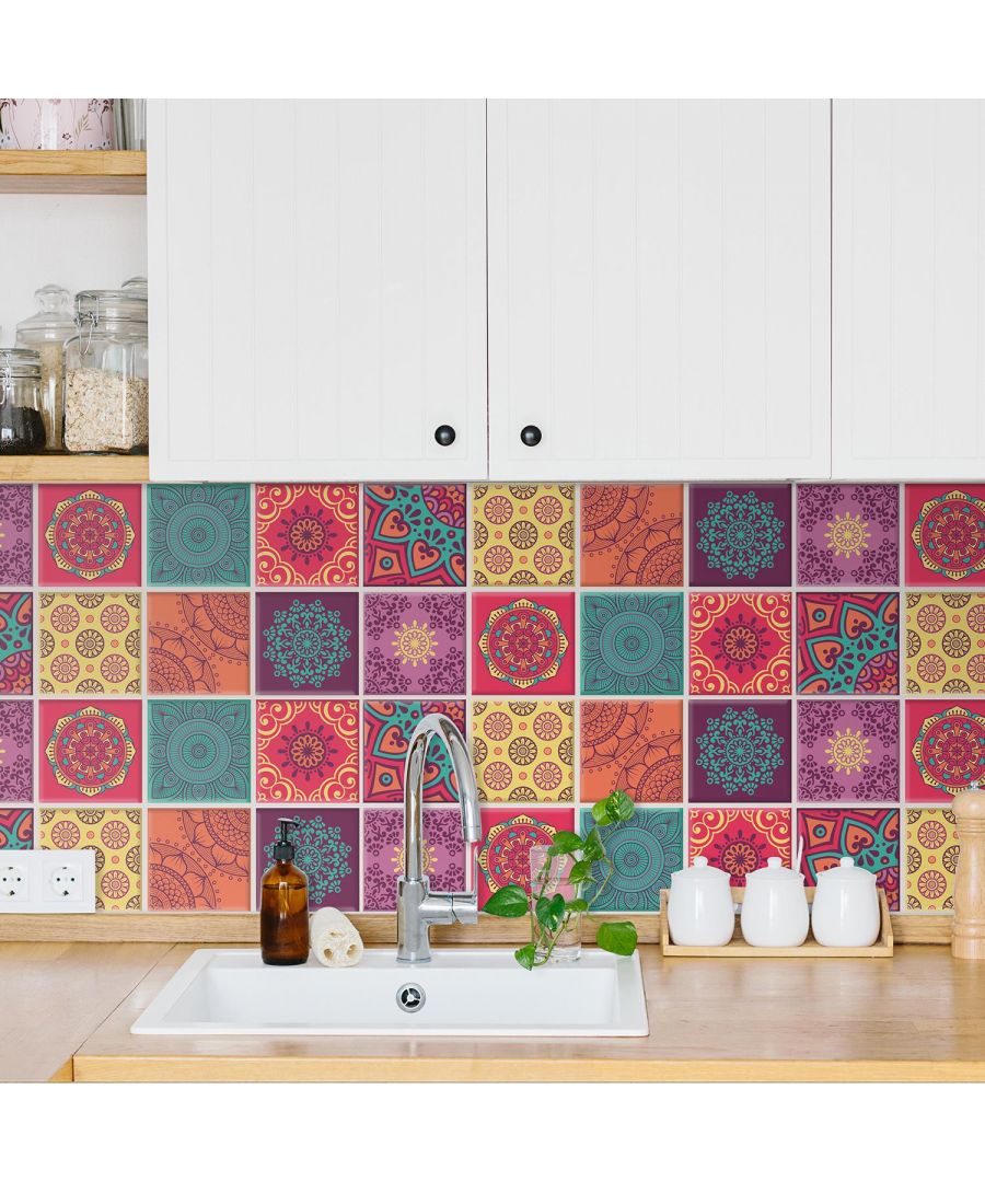 - With bold colour and strong personality, bring joy and brightness to your rooms with our new Colourful Mandala Spanish Glossy 3D Sticker tiles are perfect for a whole new look! \n- Epoxy surfaces with long durability, water and fire resistance. Can be easily trimmed/cut to fit.\n- Application Notes: Please only attach to the painted surface at least three weeks after painting and clean the surface prior to application.\n- This product can be applied in the toilet as well as a kitchen.\n- Package Contains: 16 pieces of stickers 15.4 x 15.4 cm or 6 x 6 in. Coverage area: 0.36m2
