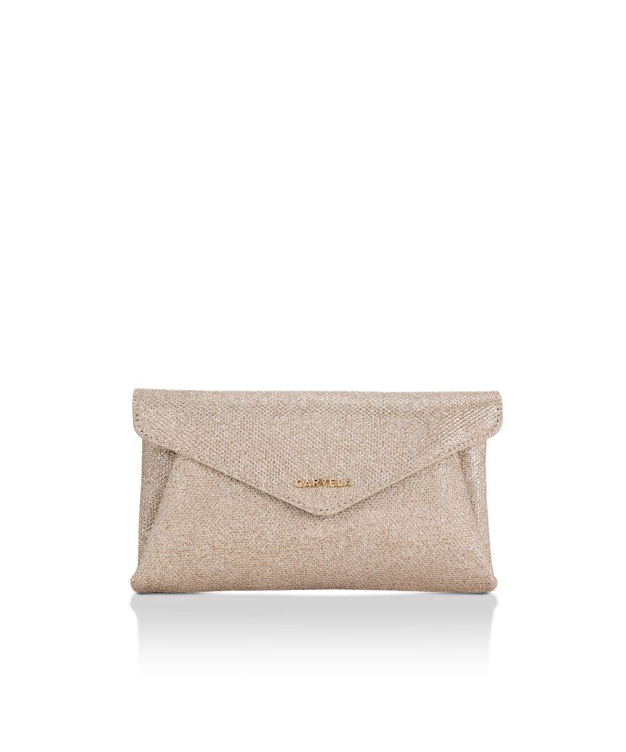 The Megan Envelope Clutch bag features a gold textured exterior with gold tone Carvela branding on the front flap. Dimensions: 14cm (H), 24cm (L), 1cm (D) Strap length: 109cm. Strap drop: 50cm.