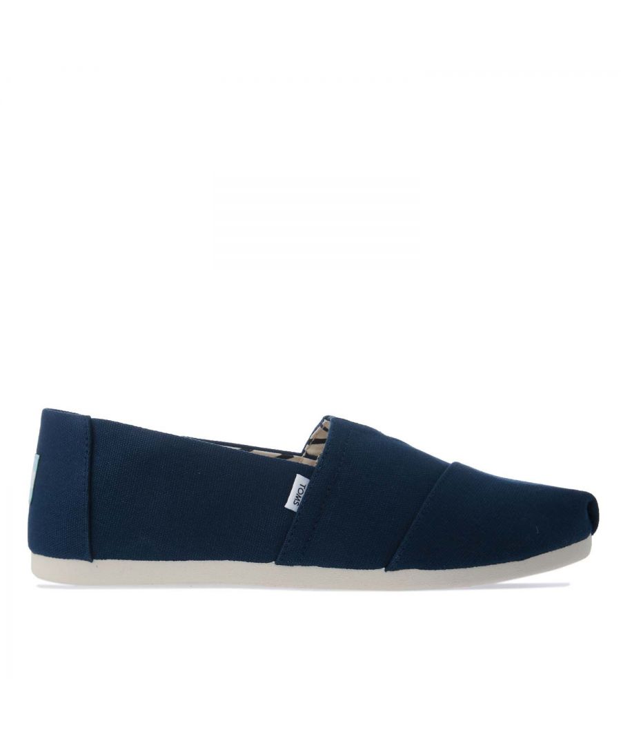 Mens Toms Recycled Cotton Alpargata Espadrille Pumps in navy.- Recycled cotton upper  lining and sock-liner made with 50% recycled cotton.- Toe-stitch and elastic V for easy on and off.- Classic Alpargata design.- Chevron patterned canvas lining.- Custom insoles made with 50% eco content including recycled PU foam.- Durable  flexible outsole bound directly to the upper via Direct Injected TPR construction for a seamless fit.- Toms branding to side and back of heel.- 100% vegan construction.- Textile Upper  Textile Lining  Textile and Synthetic Sole.- Ref.: 10017660