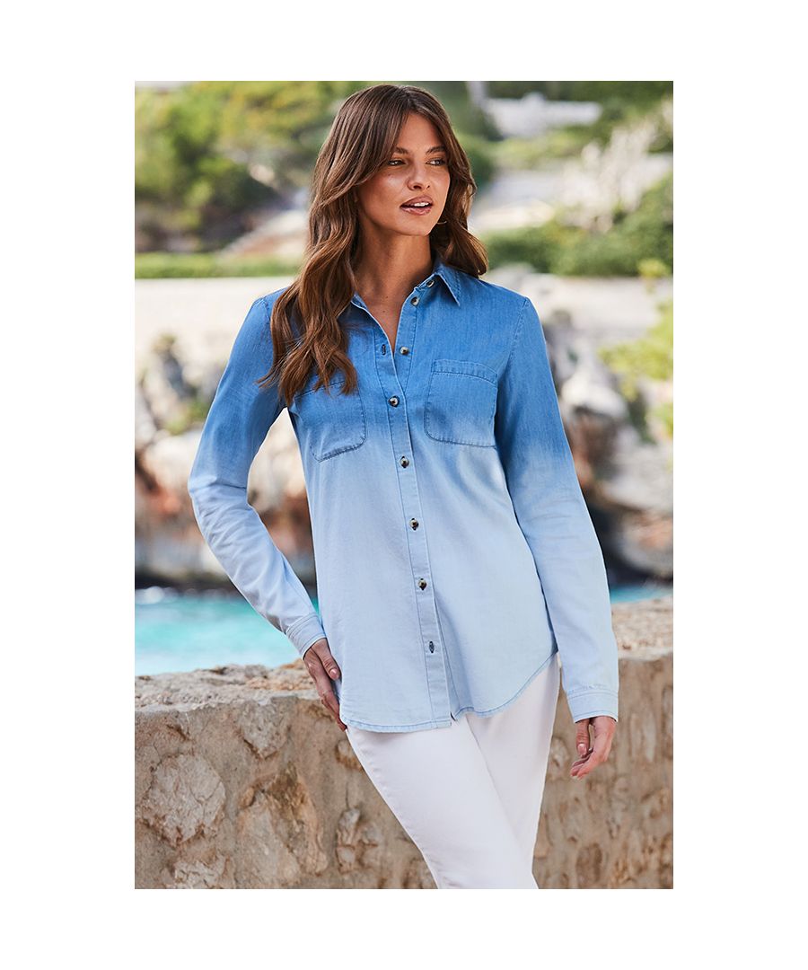 Sosandar Womens Blue Ombre Relaxed Fit Longline Denim Shirt - Size 14 UK