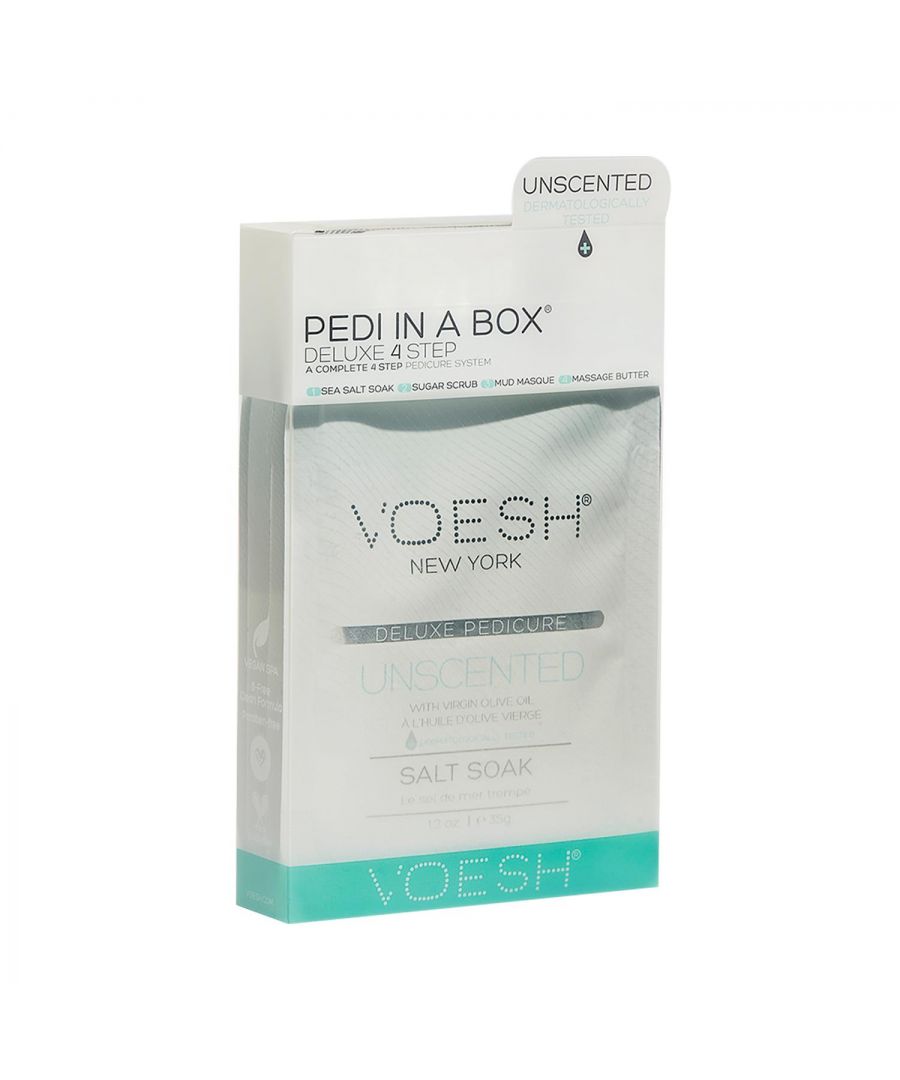 Voesh Unscented Deluxe 4 Step Gentle Pedicure In A Box for Sensitive Skin.  The Cleanest And Most Hygienic Spa Pedicure Solution. Enriched With Key Ingredients To Give Your Feet The Nutrition It Needs. Each Product Is Individually Packed With The Right Amount For A Single Pedicure.\n\nThe Perfect Pedi For:\nDIY At-Home Pedicure\nDate Night\nBachelorette Parties\nGirls’ Night In\n\nThe kit contains:\nSea Salt Soak: This soak helps relieve tension, stiffness, minor aches and discomfort in your feet. It helps detox and deodorize the feet.\nSugar Scrub: The scrub gently exfoliates dead skin cells and helps soften your feet. Perfect for use on the soles on your feet.\nMud Masque: The masque removes deep-seated impurities in your skin leaving your feet feeling clean and revived.\nMassage Cream: The massage cream hydrates and soothes skin. It softens the soles of your feet and helps prevent dryness and roughness.\n\n4 Step Includes\nSea Salt Soak 35g: to detox & deodorize the feet.\nSugar Scrub 35g: to gently exfoliate dead skin.\nMud Masque 35g: to deep cleanse impurities.\nMassage Butter 35g: to hydrate and soothe skin.