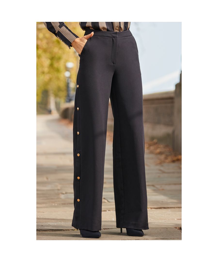 Sosandar Womens Black Wide Leg Trousers With Side Poppers - Size 20 Regular