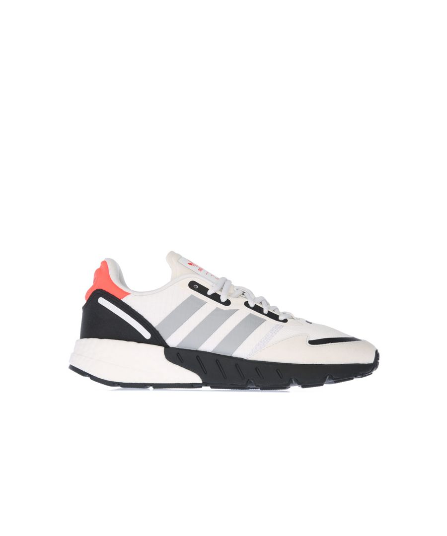 Mens adidas Originals ZX 1K Boots Trainers in white silver.- Ripstop upper with synthetic suede overlays.- Lace closure.- Comfortable and stable feel.- Half Boost midsole  half EVA midsole.- Rubber outsole.- Textile upper  Textile lining  Synthetic sole.- Ref.: FY5648
