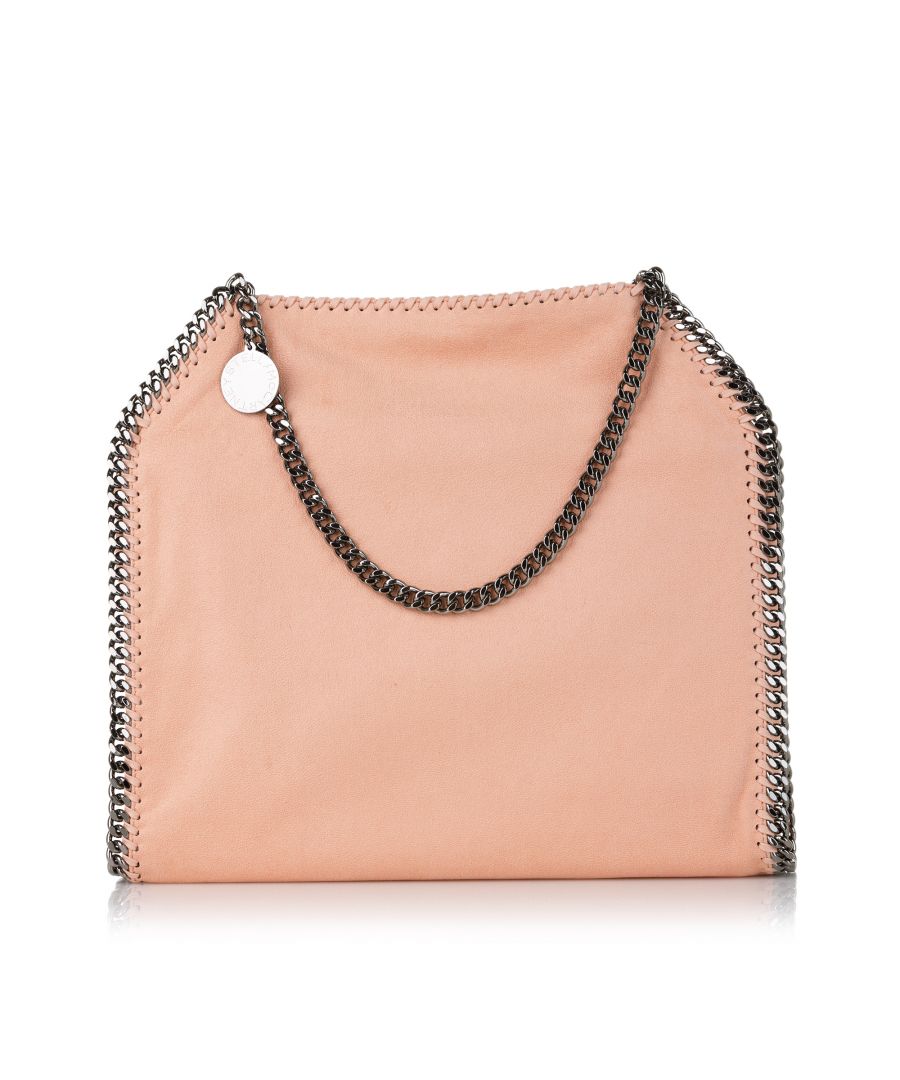 VINTAGE. RRP AS NEW. The Falabella tote bag features a fabric body, silver-tone chain straps, a top magnetic snap button closure, and an interior zip pocket.\n\nDimensions:\nLength 35cm\nWidth 35cm\nDepth 7cm\nHand Drop 20cm\nShoulder Drop 20cm\n\nOriginal Accessories: Dust Bag\n\nSerial Number: 261063 W9132 SP17 495150 01\nColor: Pink\nMaterial: Fabric x Others\nCountry of Origin: Italy\nBoutique Reference: SSU173209K1342\n\n\nProduct Rating: GoodCondition\n\nCertificate of Authenticity is available upon request with no extra fee required. Please contact our customer service team.
