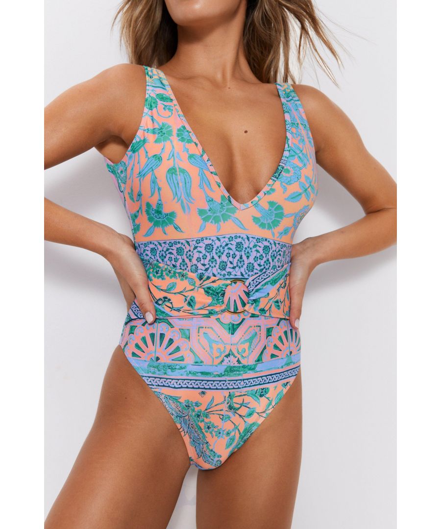 Warehouse Womens Border Tile Print Belted Plunge Swimsuit - Multicolour - Size 6 UK