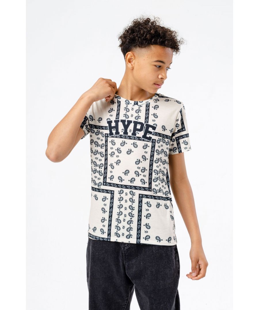 Make a statement in the HYPE. Boys Cream Paisley Check T-Shirt. Designed in our standard kids tee shape and made from a soft touch 95% polyester 5% elastane fabric blend in cream for the ultimate comfort. Featuring an all-over paisley check print, boasting the HYPE. logo in college script, and finished with a crew neckline and short sleeves. Wear with jeans and a jacket for a casual-smart fit or a pair of black HYPE. joggers for a more casual look. Machine wash at 30 degrees