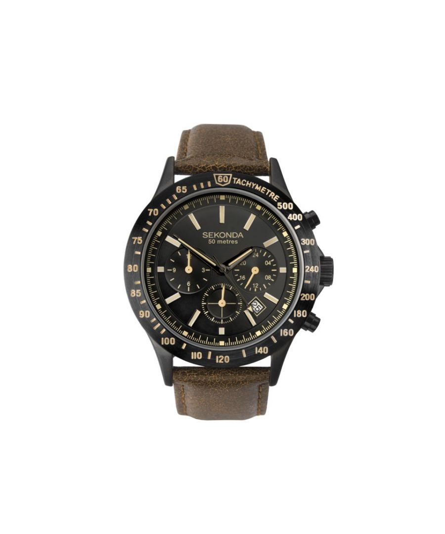 This well designed multi dial men's watch from Sekonda features a 44 x 11mm black case with stainless steel back, a numbered bezel and houses a black chrongraph dial with clear cream hour markers and hands and a date display box. Water resistant to 50m and sporting a 22mm antique finish brown leather strap with black buckle.\nBand Material: ; Band Length: Mens Standard; Case Material: N/A; Movement Type: Quartz; Case Colour: N/A; Case Shape: N/A; Dial Colour: N/A; Display Type: N/A; Water Resistance: N/A; WarrantyDescription: 2 Years