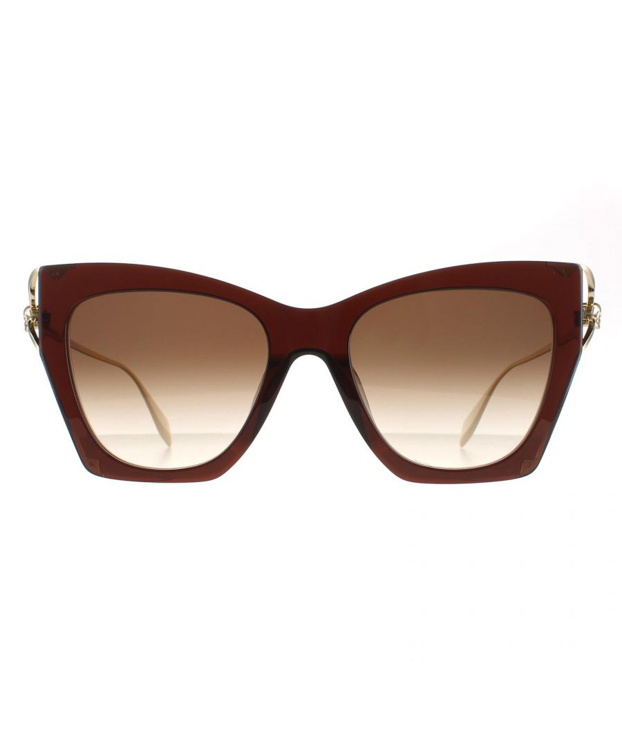 Alexander McQueen Cat Eye Womens Brown Gold Brown Gradient AM0375S  Sunglasses are a stylish cat eye style crafted from lightweight acetate. The Alexander McQueen logo is embedded on the slim temples for brand authenticity.