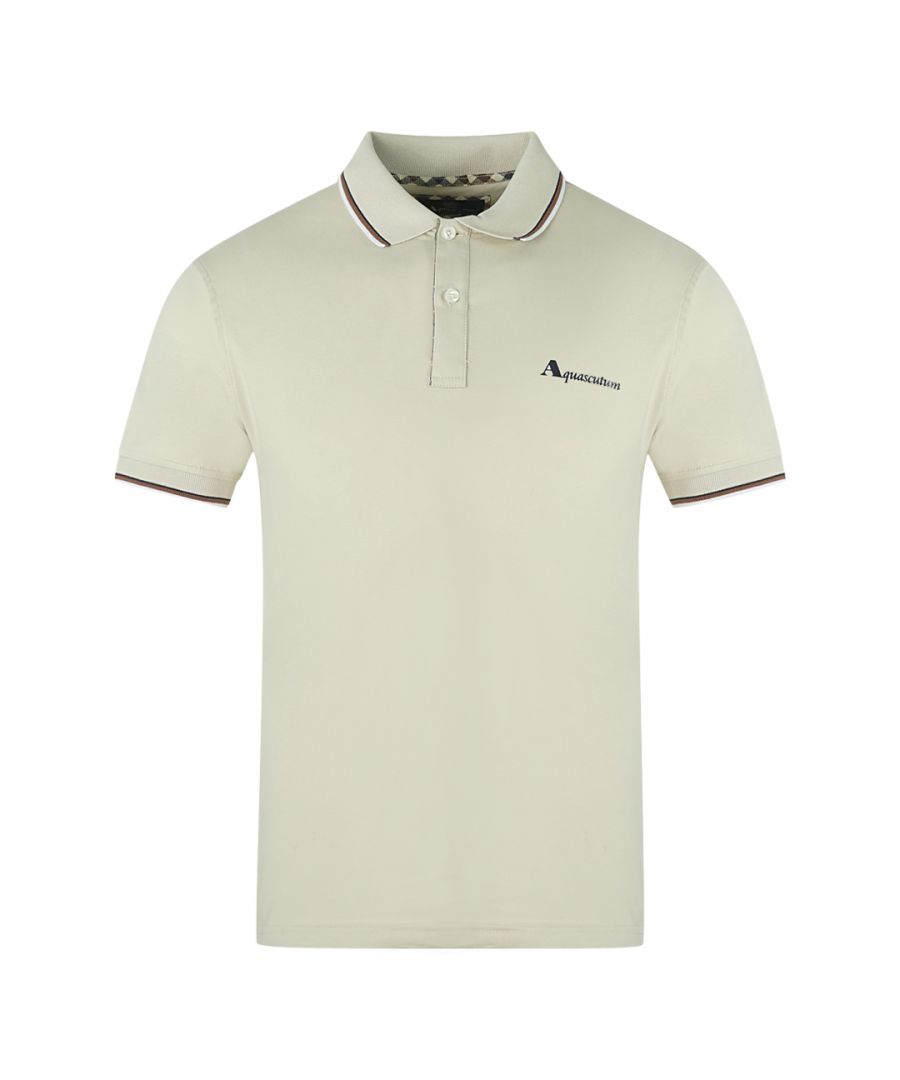 Aquascutum Tipped Collar Beige Polo Shirt. Branded Logo, Short Sleeves. Stretch Fit 95% Cotton 5% Elastane. Regular Fit, Fits True To Size. QMP028 10