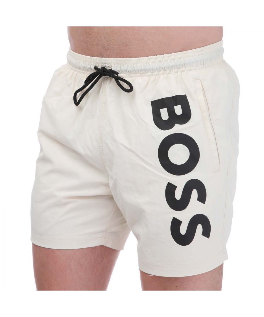 Hugo Boss Mens Vertical Logo Quick Dry Swim Shorts in Cream - Size Medium