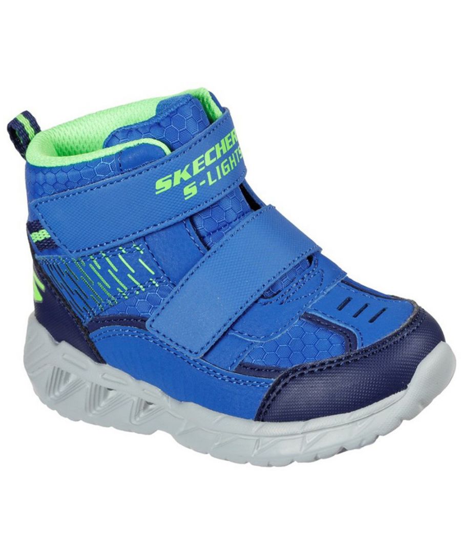 Light-up your steps in cushioned comfort with the Skechers S Lights: Magna-Lights boot. This sporty trainer boot features a synthetic upper with hook and loop strap closures and shock-absorbing light-up midsole.\n- Shock-absorbing midsole with light-up detail\n- Synthetic upper with mesh lining\n- Hook and loop strap closures\n- Flexible rubber traction outsole