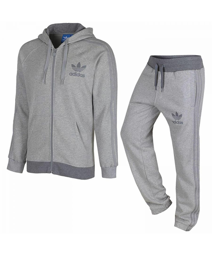 Adidas Originals Mens Spo Tracksuit Full Zip Tracksuit Set.      \n\nPrinted Adidas Trefoil Logo on Left Chest and on the Left Leg of the Jogger.      \n\nAdidas Trademark 3 Stripes on Top and Bottom.      \n\nDrawstrings Hood and Joggers.     \n\nElasticated Waist and Ankles, Brushed Back Fleece, Two Side Pockets.