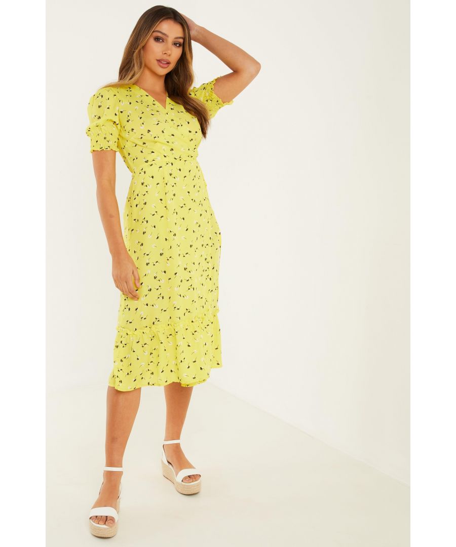 Image for Yellow Floral Wrap Midi Dress
