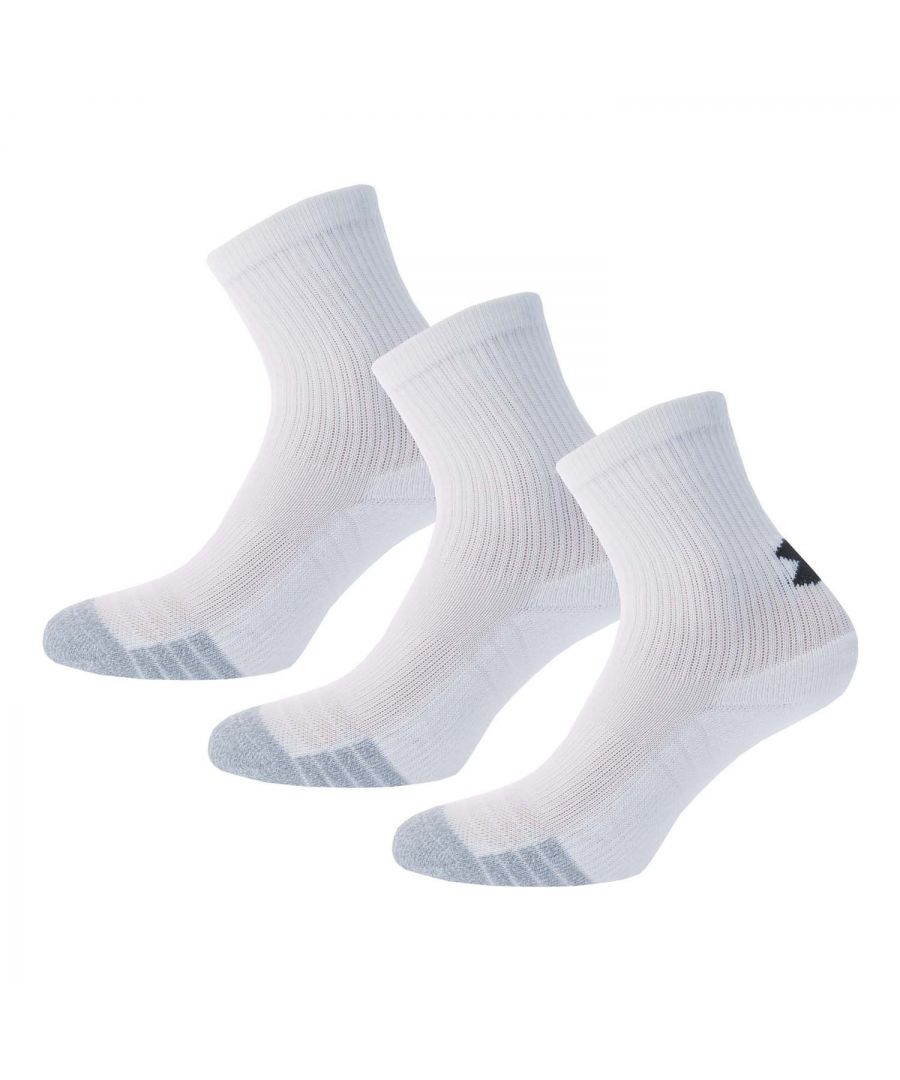 Boys Under Armour HeatGear 3 Pack Crew Socks in white.- Three pairs per pack. - Crew length.- HeatGear® fabric wicks sweat away from your skin to keep you cool  dry & light.- Dynamic Arch Support helps reduce foot fatigue.- Strategic Cushion reduces bulk  delivers flexibility & breathability.- Mesh panels for added breathability.- 97% Polyester  3% Elastane. - Ref: 1346750101