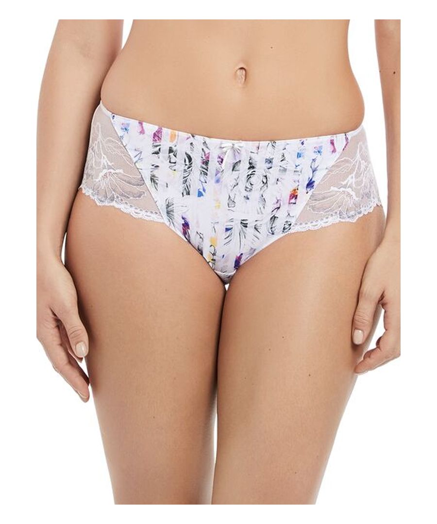 Make a statement in the Fantasie Josie lingerie collection, featuring beautiful floral lace paired with a contrasting geometric digital print for a striking and chic look. These mid-rise short briefs are complete with an opaque panel at the front and delicate lace detailing at the sides. Including a beautiful stretch lace full-coverage back with a geometric printed panel for a contemporary touch. A perfect match for your Fantasie Josie side support bra!