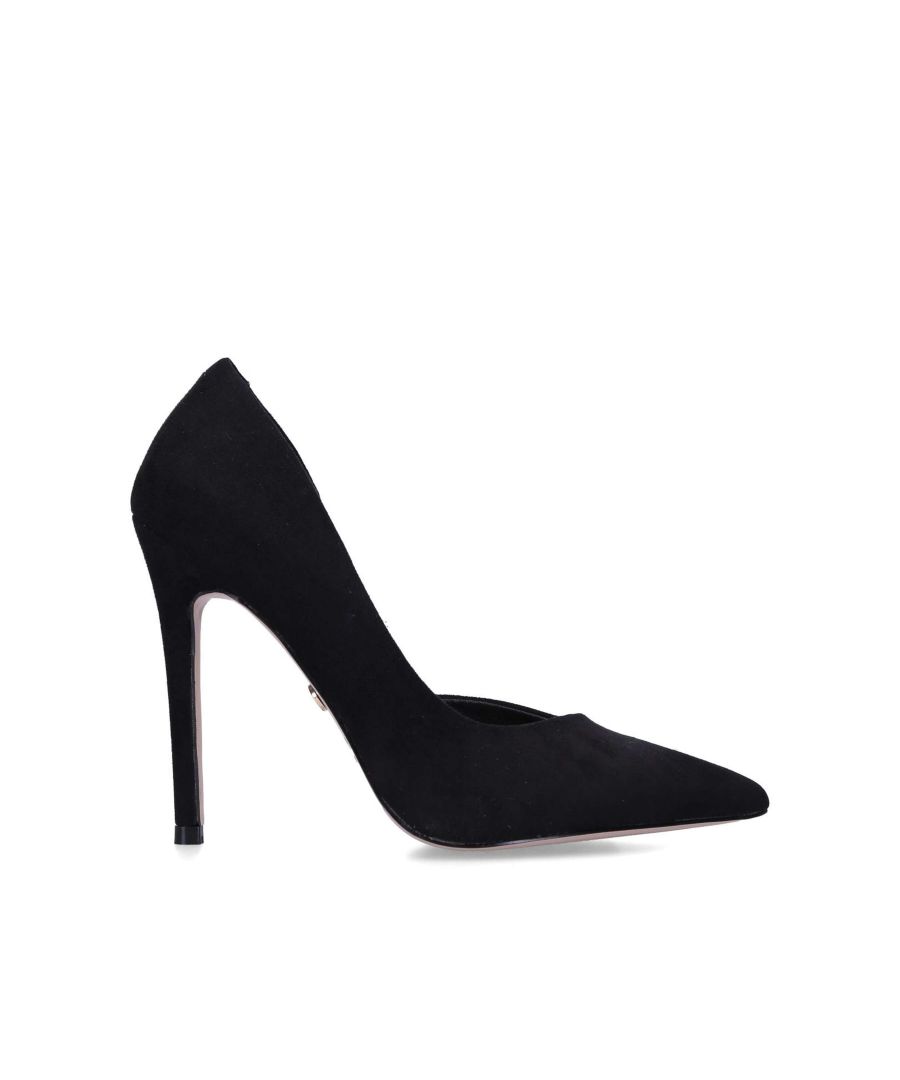 The Alexandra3 court heel features a court style in black suedette. The inner side features a cut out with a pointed toe. Heel Height: 11cm. This product contains a unique KG Kurt Geiger branded outsole design that has been created specifically for this style. This product is registered with The Vegan Society and has undergone 167 checks in order to be registered.