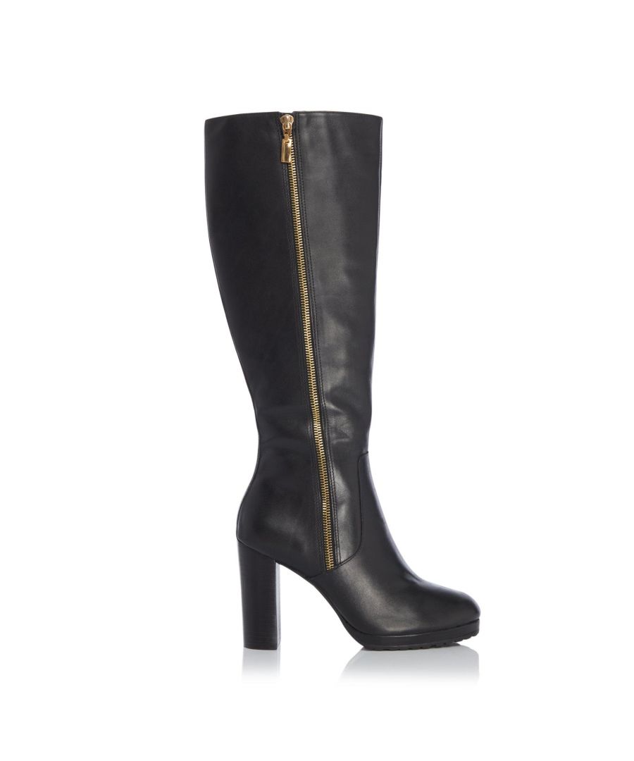 Reach new heights with these classy high-heeled boots. In knee high length with a cleated front sole and block heel. Complete with a gold zip detail and full length zip fastening.