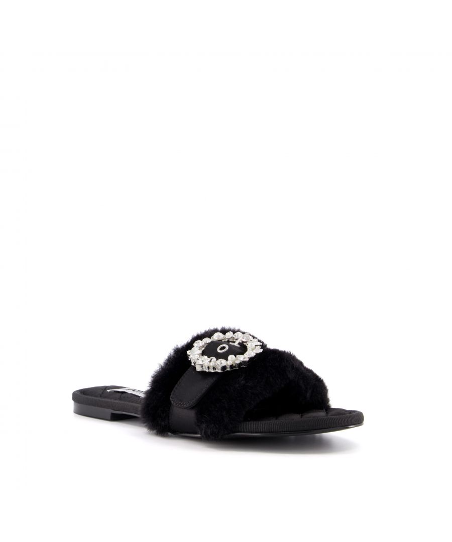 Our Wisteria slippers provide a more luxurious way to lounge. The slider silhouette is coated in glossy, quilted satin and beautifully soft faux fur. Gem-embellished buckles add some necessary sparkle