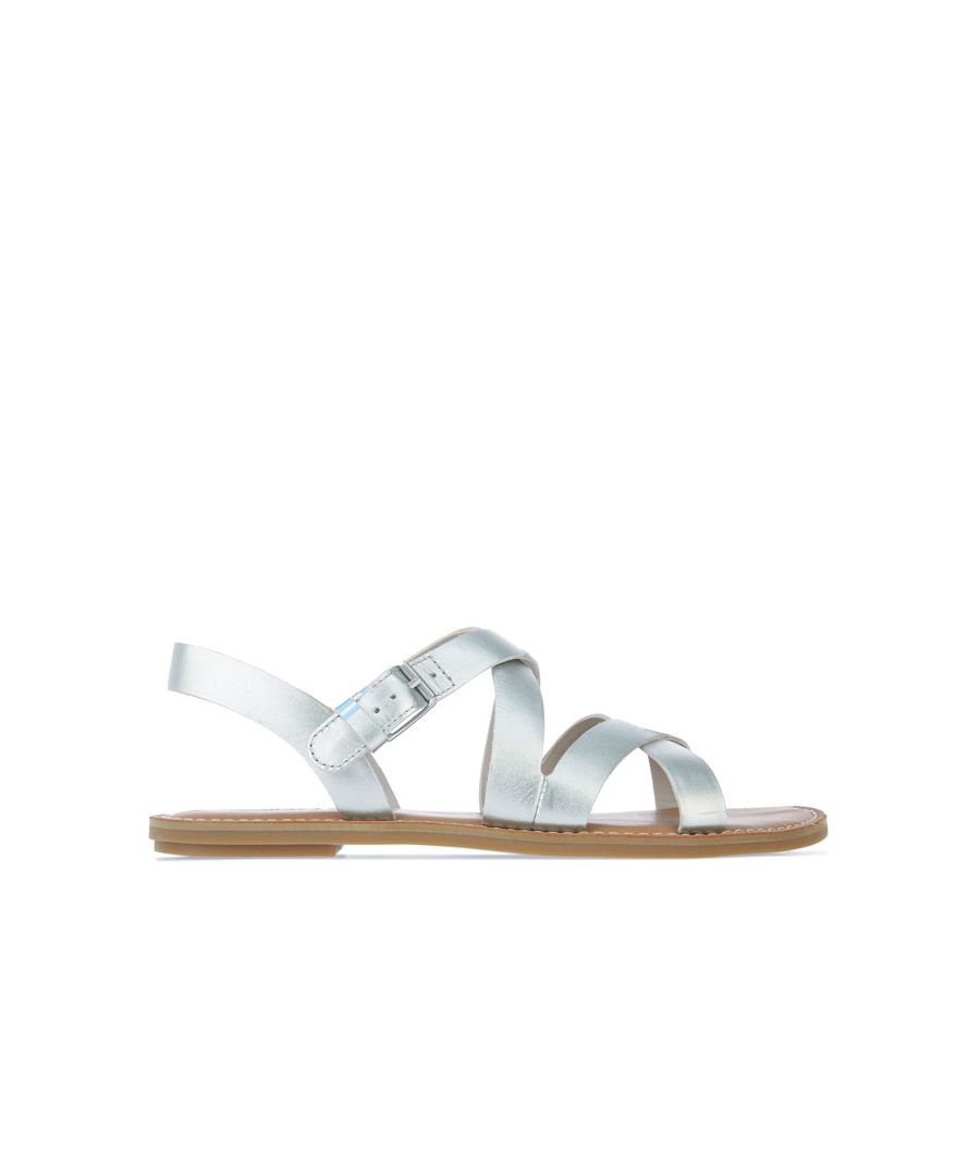 Womens Toms Sicily Sandals in silver.- Instep strap with adjustable buckle.- Slip on.- Custom TOMS cushion insole.- Custom TOMS rubber outsole.- Leather upper  Leather lining  Synthetic sole.- Ref.: 10016405
