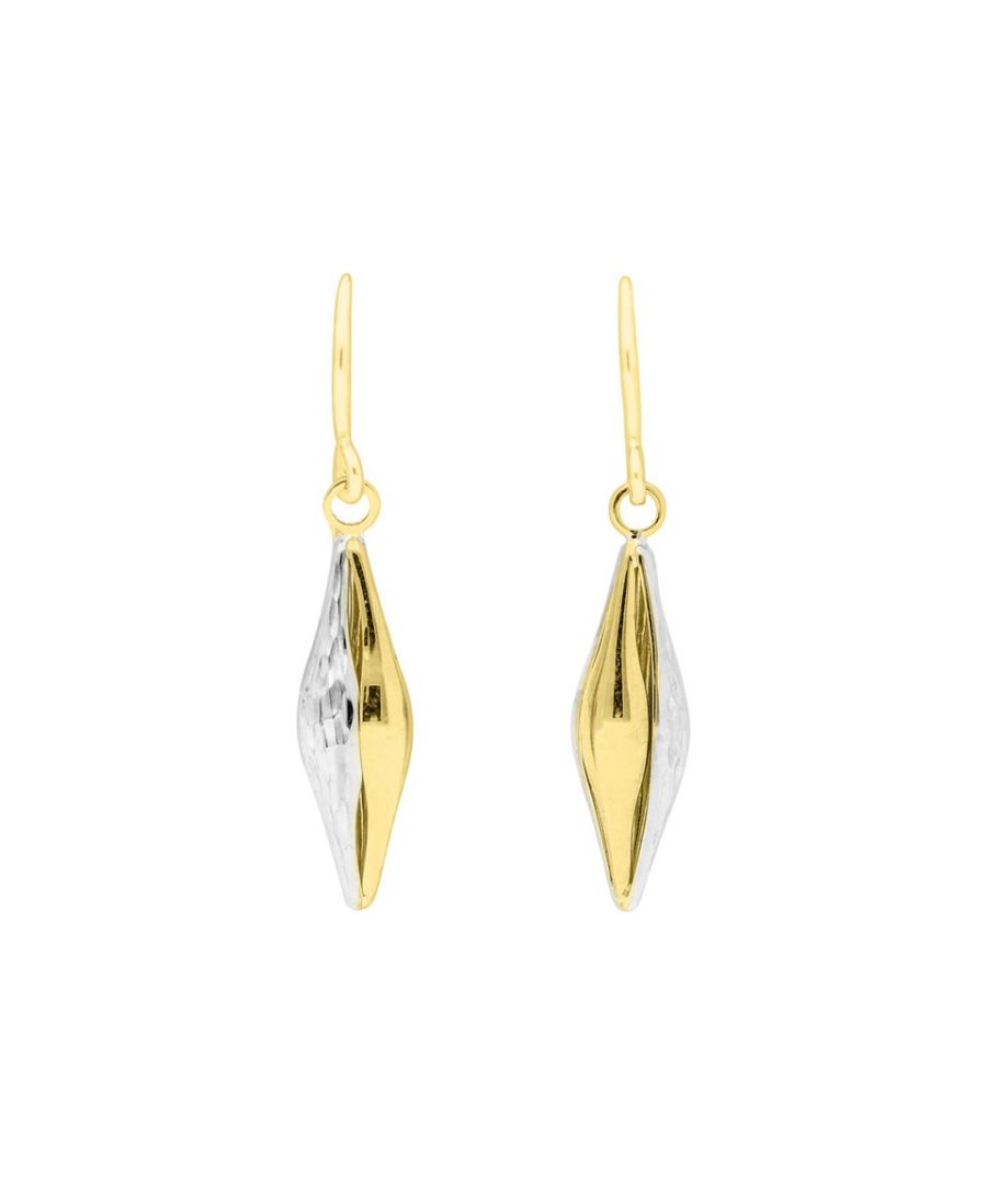 These drops are interestingly three dimensional, in that the 9ct white and yellow gold strands create a little, open cage, the white gold diamond cut creating even more interest, with a total drop of 28mm, strung from a hook wire. Metal Type: 2 Colour Gold Metal Stamp: 9 ct (375)