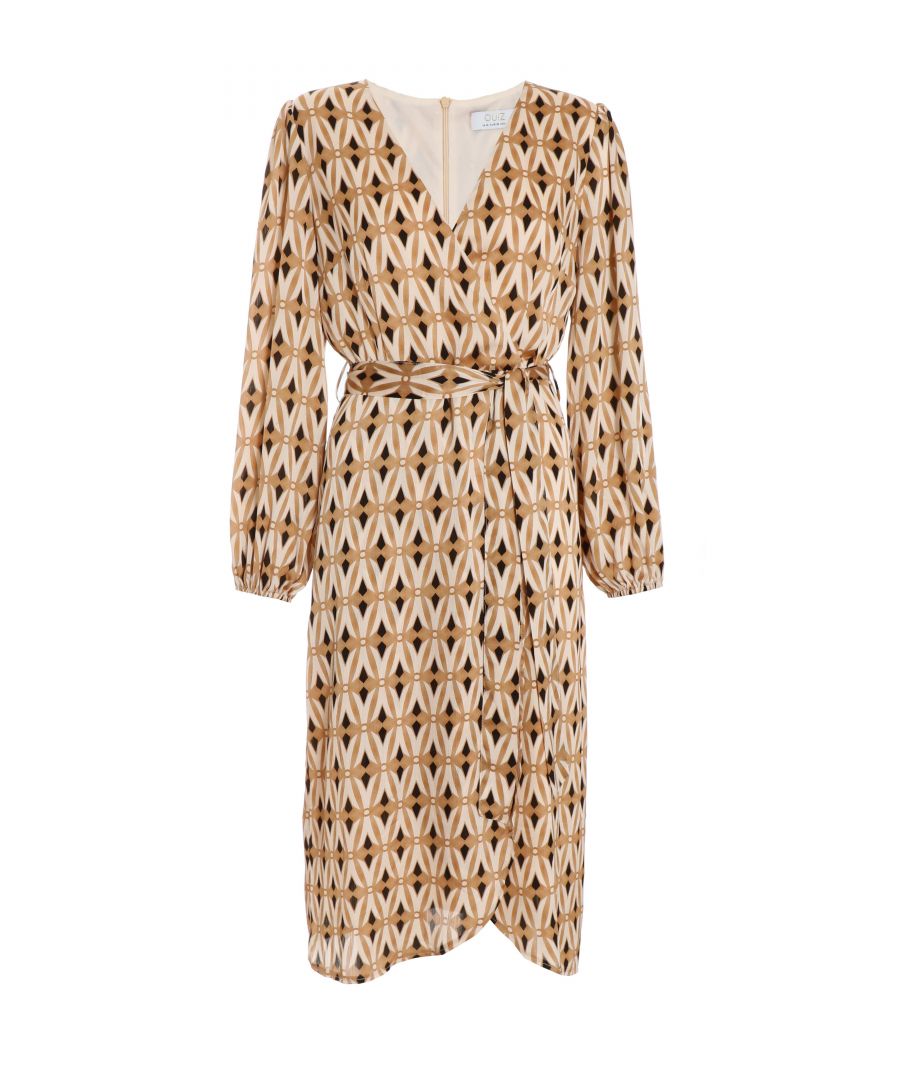 Quiz Womens Camel Geometric Print Wrap Midi Dress - Size 14 UK