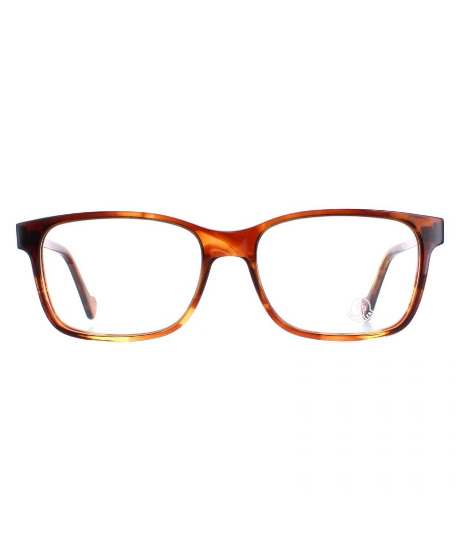 Moncler Rectangle Mens Blonde Havana  ML5012  Glasses are a classic rectangle style crafted from lightweight acetate. The Moncler logo is presented on the temples for authenticity.